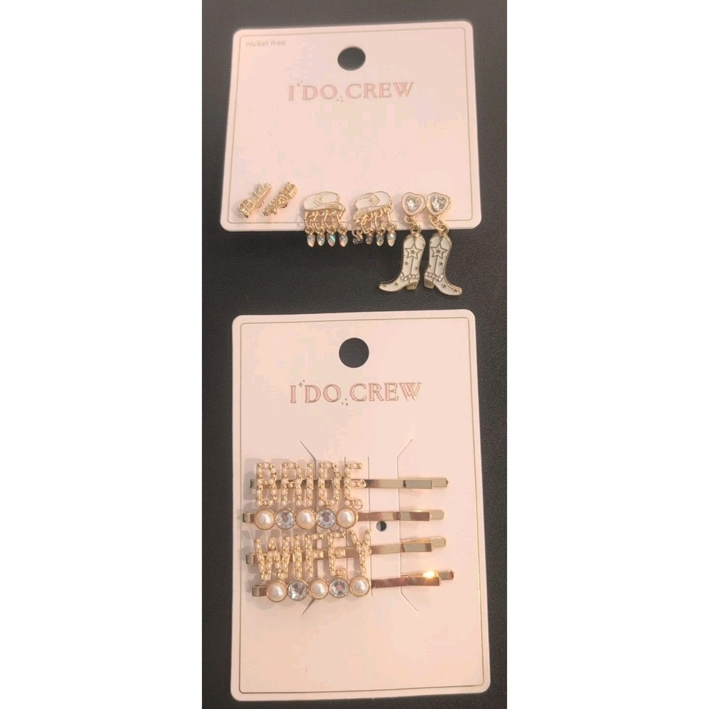 I DO CREW Gold Wedding Hair Clips Pearl Rhinestone & Earrings Bundle NickelFree